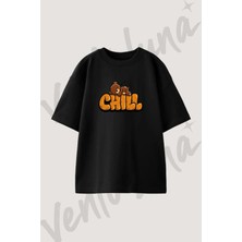 Chill Bear Tasarım Baskılı Unisex Oversize Kalıp Siyah Tshirt