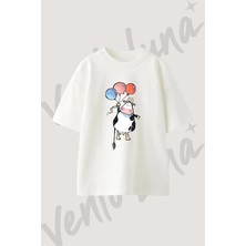 Cow Balloons Tasarım Baskılı Unisex Oversize Kalıp Beyaz Tshirt