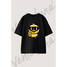Gozluklu Civciv Tasarım Baskılı Unisex Oversize Kalıp Siyah Tshirt