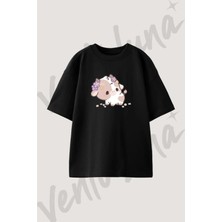 Kawaii Cow_1 Tasarım Baskılı Unisex Oversize Kalıp Siyah Tshirt