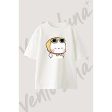 Mochi Gozluk Bandana Tasarım Baskılı Unisex Oversize Kalıp Beyaz Tshirt
