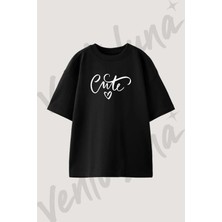 Cute Script Tasarım Baskılı Unisex Oversize Kalıp Siyah Tshirt