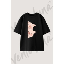 Cizgi Domuz Tasarım Baskılı Unisex Oversize Kalıp Siyah Tshirt