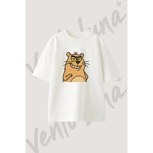 Grinning Rodent Tasarım Baskılı Unisex Oversize Kalıp Beyaz Tshirt