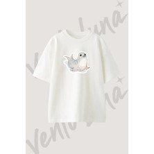 Baby Seal Tasarım Baskılı Unisex Oversize Kalıp Beyaz Tshirt