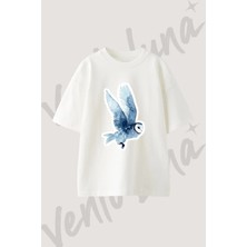 Watercolor Star Owl Tasarım Baskılı Unisex Oversize Kalıp Beyaz Tshirt