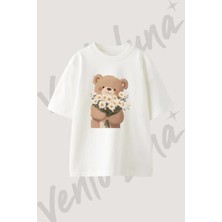 Ayicik Papatya Tasarım Baskılı Unisex Oversize Kalıp Beyaz Tshirt
