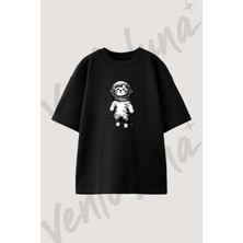 Astronaut Cat Tasarım Baskılı Unisex Oversize Kalıp Siyah Tshirt