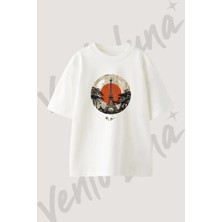 Eiffel Tower Red Sun Tasarım Baskılı Unisex Oversize Kalıp Beyaz Tshirt