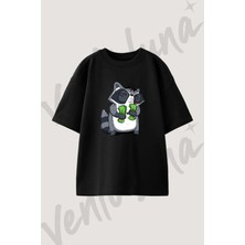 Raccoon Money Tasarım Baskılı Unisex Oversize Kalıp Siyah Tshirt