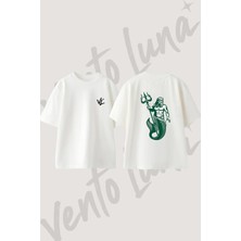 Poseidon Tasarım Sırt Baskılı Pamuk Beyaz Oversize T-Shirt