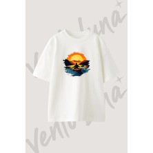 Kayak Gunbatimi Tasarım Baskılı Unisex Oversize Kalıp Beyaz Tshirt