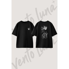 Steampunk Motosiklet Tasarım Sırt Baskılı Pamuk Siyah Oversize T-Shirt