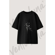 Crescent Stars Tasarım Baskılı Unisex Oversize Kalıp Siyah Tshirt