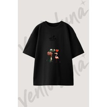 Crocodile Flamingo Heart Tasarım Baskılı Unisex Oversize Kalıp Siyah Tshirt