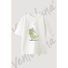 Timsah Badminton Tasarım Baskılı Unisex Oversize Kalıp Beyaz Tshirt