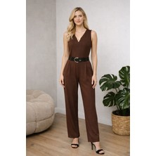 Lifera Butik Lifera V Yaka Aksesuar Detaylı Kemerli Kolsuz Tulum