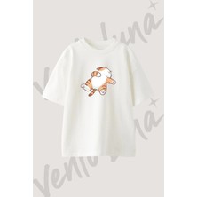 Cartoon Cat_1 Tasarım Baskılı Unisex Oversize Kalıp Beyaz Tshirt