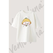Kawaii Patates Tasarım Baskılı Unisex Oversize Kalıp Beyaz Tshirt