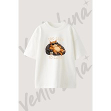 Lazy Cat_2 Tasarım Baskılı Unisex Oversize Kalıp Beyaz Tshirt