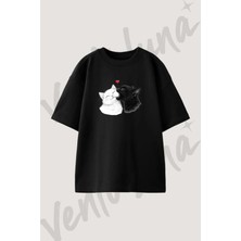 Kedi Opucuk Tasarım Baskılı Unisex Oversize Kalıp Siyah Tshirt