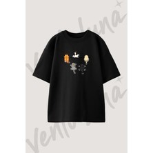 Komik Kediler Tasarım Baskılı Unisex Oversize Kalıp Siyah Tshirt