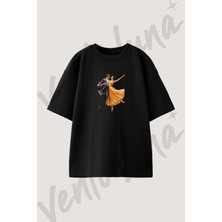 Bale Cifti Tasarım Baskılı Unisex Oversize Kalıp Siyah Tshirt