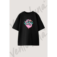 Retro Flamingo Tasarım Baskılı Unisex Oversize Kalıp Siyah Tshirt