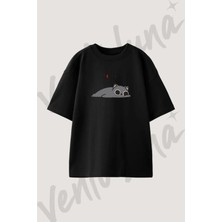 Kedi Pil Tasarım Baskılı Unisex Oversize Kalıp Siyah Tshirt