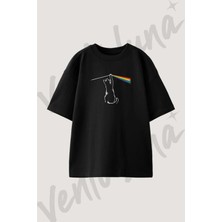 Pink Floyd Cat Tasarım Baskılı Unisex Oversize Kalıp Siyah Tshirt
