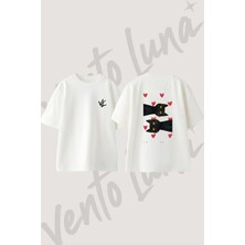 Kara Kedi Kalpler Tasarım Sırt Baskılı Pamuk Beyaz Oversize T-Shirt