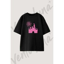 Prenses Kalesi Tasarım Baskılı Unisex Oversize Kalıp Siyah Tshirt
