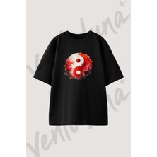 Yin Yang Japon Tasarım Baskılı Unisex Oversize Kalıp Siyah Tshirt