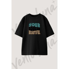Flower Power Tasarım Baskılı Unisex Oversize Kalıp Siyah Tshirt