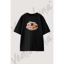 Sushi Platter Tasarım Baskılı Unisex Oversize Kalıp Siyah Tshirt