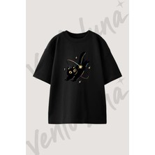 Neon Cat_1 Tasarım Baskılı Unisex Oversize Kalıp Siyah Tshirt