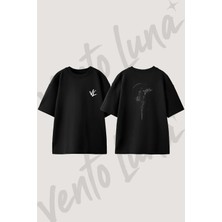 Parcali Siluet Tasarım Sırt Baskılı Pamuk Siyah Oversize T-Shirt
