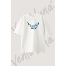 Cicekli Balina_1 Tasarım Baskılı Unisex Oversize Kalıp Beyaz Tshirt