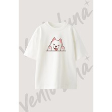 Cartoon Dog Tasarım Baskılı Unisex Oversize Kalıp Beyaz Tshirt