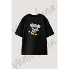 Koala Skateboard Tasarım Baskılı Unisex Oversize Kalıp Siyah Tshirt