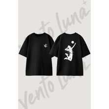 Volleyball Player Tasarım Sırt Baskılı Pamuk Siyah Oversize T-Shirt