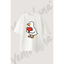 Duck Heart Tasarım Baskılı Unisex Oversize Kalıp Beyaz Tshirt