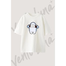 Cartoon Yeti Tasarım Baskılı Unisex Oversize Kalıp Beyaz Tshirt