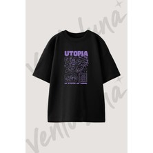 Utopia Peace Gnome Tasarım Baskılı Unisex Oversize Kalıp Siyah Tshirt