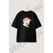 Mochi Panda Tasarım Baskılı Unisex Oversize Kalıp Siyah Tshirt