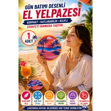 Open City Gün Batımı Palmiye Desenli Katlanabilir El Yelpazesi Kılıflı Yuvarlak Cep Yelpazesi Pratik