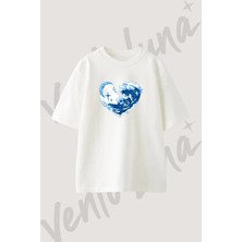 Wave Moon Heart Tasarım Baskılı Unisex Oversize Kalıp Beyaz Tshirt