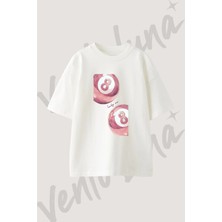 Pink 8 Ball Tasarım Baskılı Unisex Oversize Kalıp Beyaz Tshirt