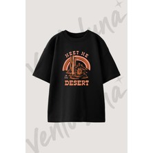 Desert Cactus_1 Tasarım Baskılı Unisex Oversize Kalıp Siyah Tshirt