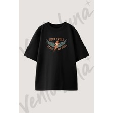 Rock Roll Lightning Tasarım Baskılı Unisex Oversize Kalıp Siyah Tshirt